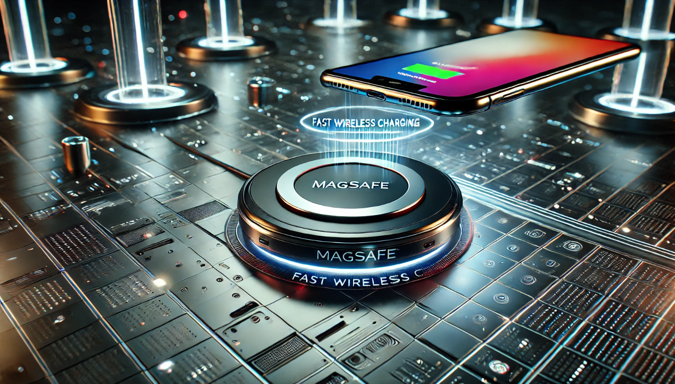 Futuristic 3D image of a MagSafe fast wireless charger magnetically connected to a smartphone, glowing with neon lights and a high-tech background.