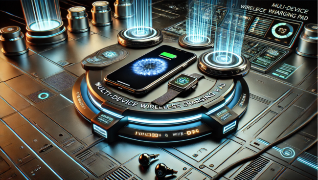 Futuristic 3D image of a multi-device wireless charging pad, charging a smartphone, smartwatch, and earbuds, with neon lights and a high-tech sci-fi background.