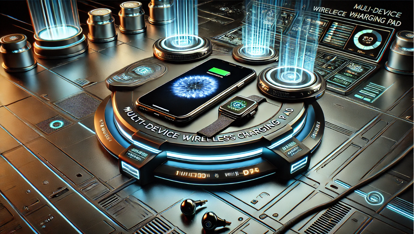 Futuristic 3D image of a multi-device wireless charging pad, charging a smartphone, smartwatch, and earbuds, with neon lights and a high-tech sci-fi background.