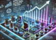 Futuristic wireless devices floating in a digital grid, showcasing the growth and trends in the wireless consumer products industry with a holographic market chart.