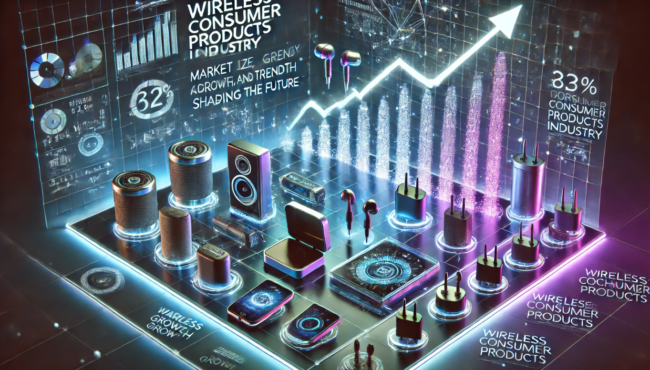 Futuristic wireless devices floating in a digital grid, showcasing the growth and trends in the wireless consumer products industry with a holographic market chart.