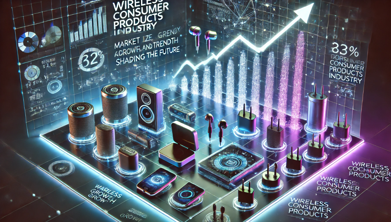 Futuristic wireless devices floating in a digital grid, showcasing the growth and trends in the wireless consumer products industry with a holographic market chart.