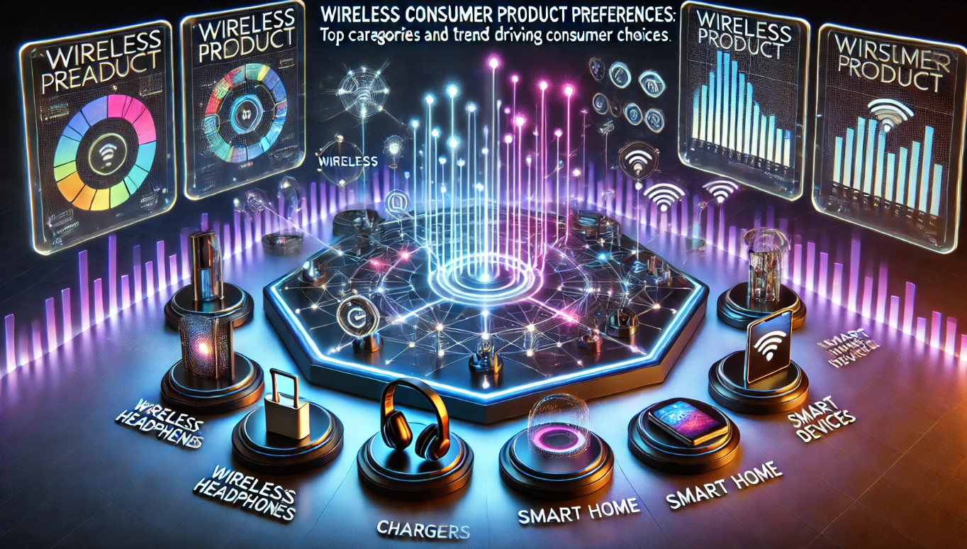 Futuristic wireless products connected by neon lights, showing top categories like headphones and chargers, with holographic charts displaying consumer trends.