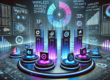 Futuristic image with major wireless brand logos and digital graphs showing their market share, connected by neon lines and a holographic pie chart representing industry dominance.