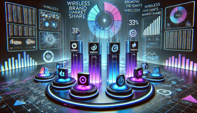Futuristic image with major wireless brand logos and digital graphs showing their market share, connected by neon lines and a holographic pie chart representing industry dominance.