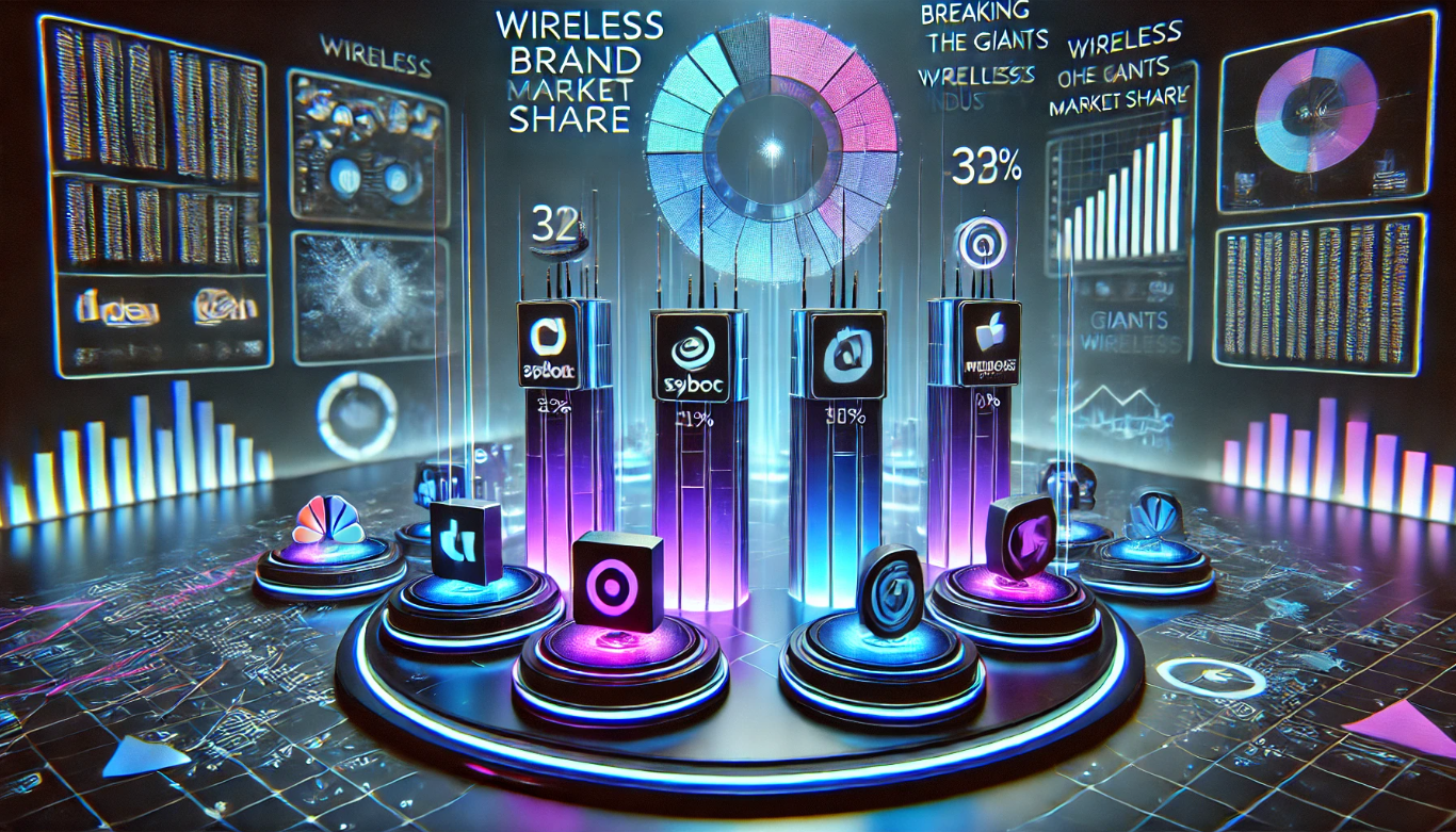 Futuristic image with major wireless brand logos and digital graphs showing their market share, connected by neon lines and a holographic pie chart representing industry dominance.