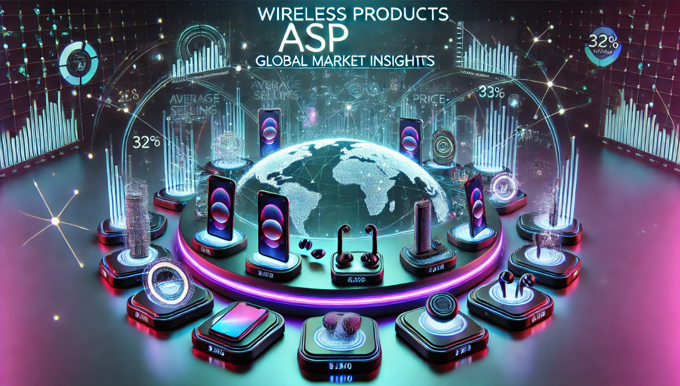 Futuristic wireless devices on glowing platforms with holographic price tags and global ASP trends displayed through holographic charts and a neon-lit world map.