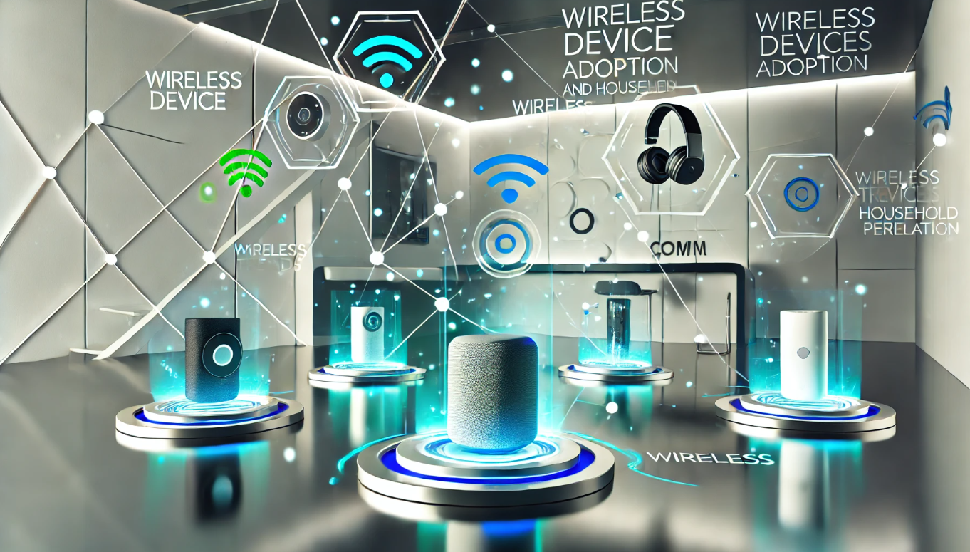 Futuristic 3D sci-fi household with floating wireless devices, connected by holographic networks, representing consumer trends and wireless technology adoption.