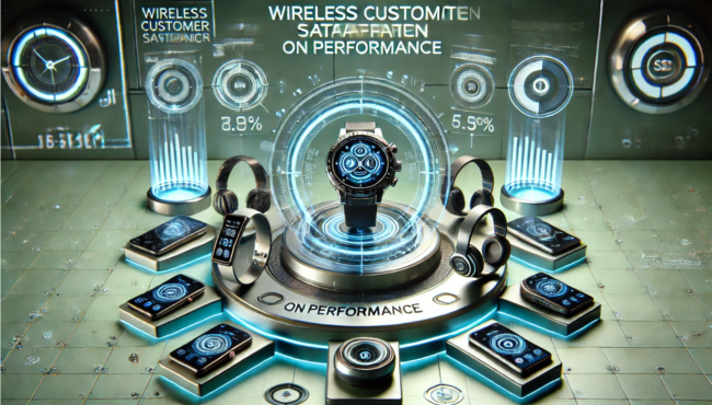 Futuristic 3D sci-fi scene with floating wireless devices, showcasing performance, durability, and quality ratings, emphasizing customer satisfaction.