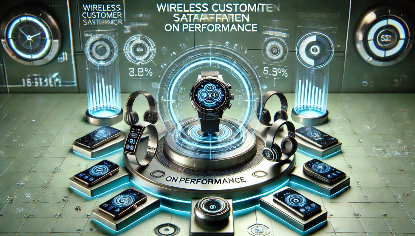 Futuristic 3D sci-fi scene with floating wireless devices, showcasing performance, durability, and quality ratings, emphasizing customer satisfaction.
