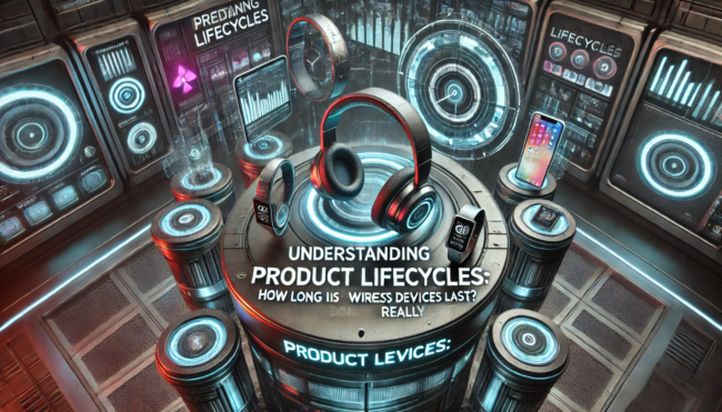 Futuristic 3D sci-fi scene showcasing wireless devices and their lifecycles, focusing on durability and longevity, with clear text highlighting product lifespan.