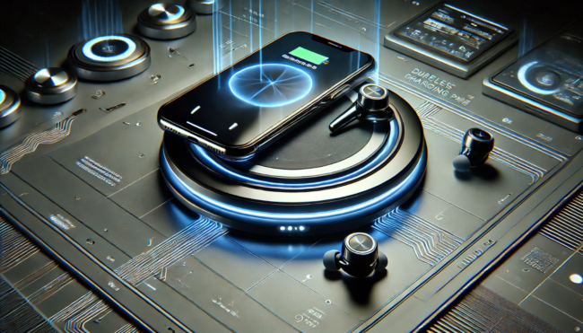 Dual wireless charging pad for phone and earbuds with a futuristic 3D design, glowing blue accents, and a high-tech look.