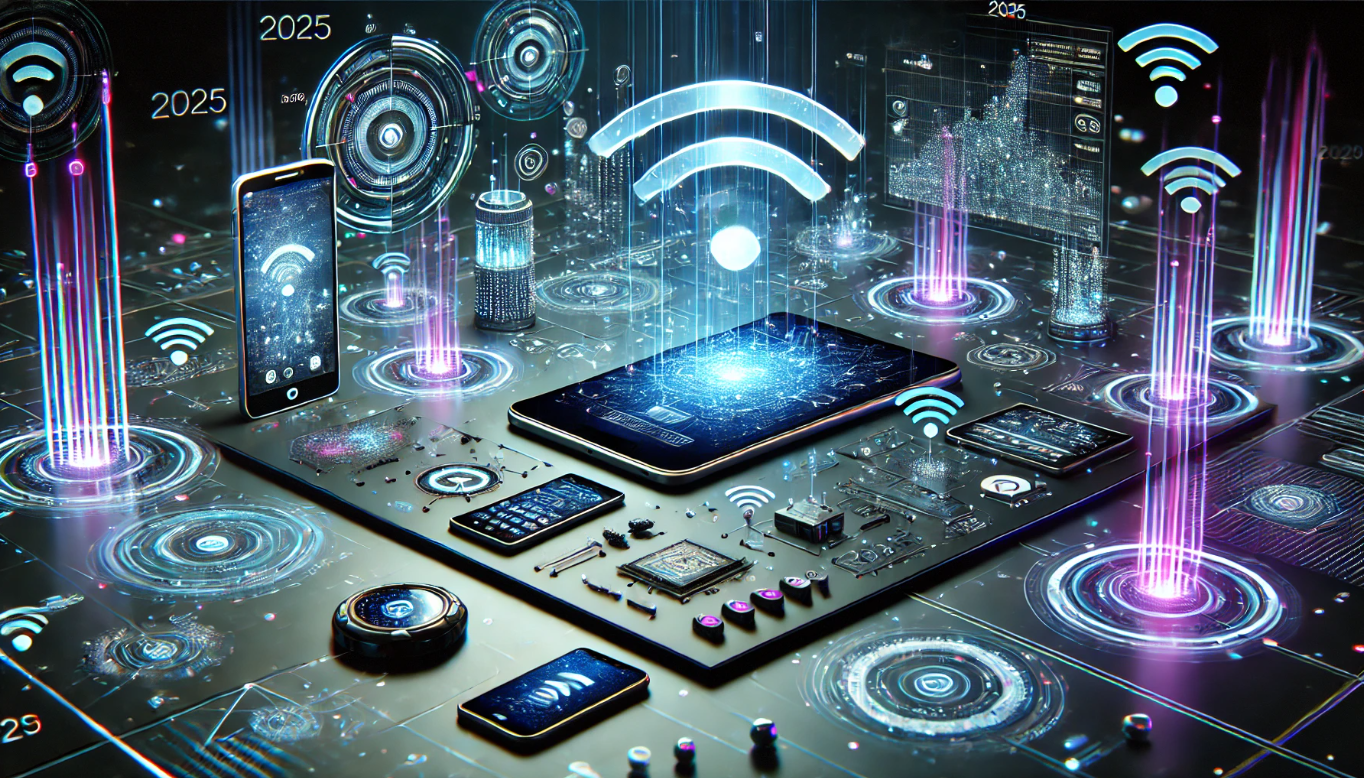 Futuristic 3D image of wireless devices connected by glowing digital networks, symbolizing the advancements in wireless technology by 2025.