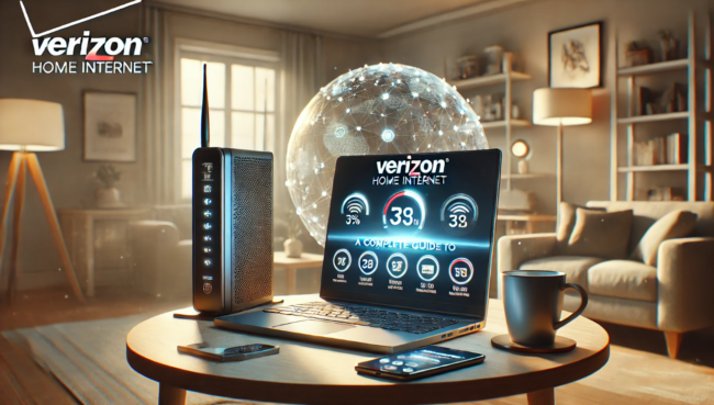 3D image of a home workspace with Verizon router, laptop displaying internet connectivity, and cozy surroundings, titled 'Verizon Home Internet: A Complete Guide to Plans, Pricing, and Features'.